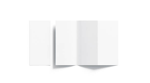 Blank white tri folded booklet mockup, opened and closed Blank white tri folded booklet mockup, opened and closed, top view, 3d rendering. Plain trifold brochures mock ups set isolated. Book cover and three flier inside, copy space. pamphlet stock pictures, royalty-free photos & images