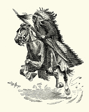 Vintage engraving of a Native american warrrior on horseback with lance, 19th Century