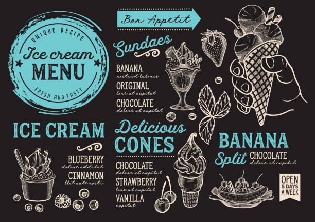 Ice cream menu restaurant, dessert food template. vector art illustration