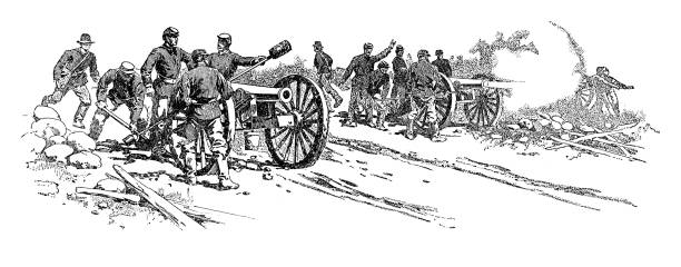 illustrazioni stock, clip art, cartoni animati e icone di tendenza di soldati dell'unione che sparano cannoni - gettysburg pennsylvania usa history