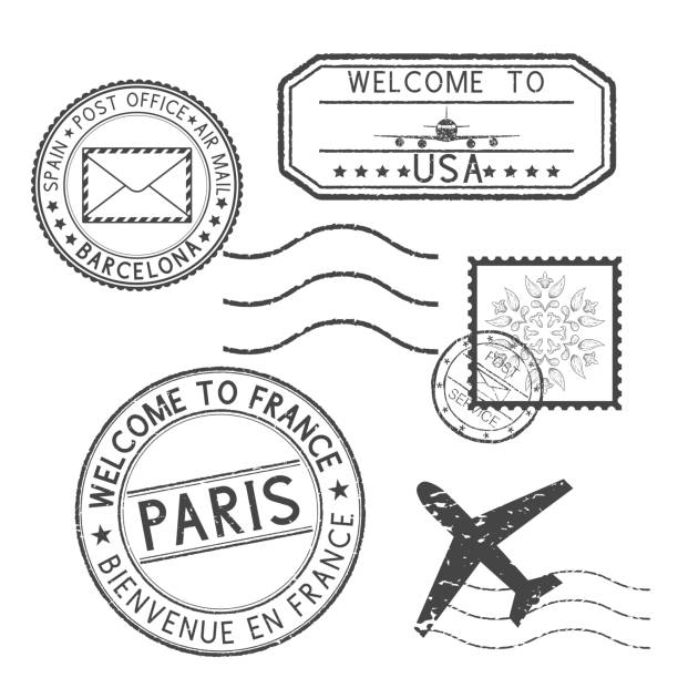 ilustraciones, imágenes clip art, dibujos animados e iconos de stock de conjunto de sellos negro. matasellos y sellos-bienvenidos a francia, bienvenido en estados unidos - postage stamp postmark mail paris france