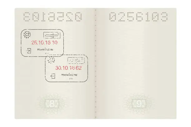 Vector illustration of Open passport with Prague, Czech Republic stamps