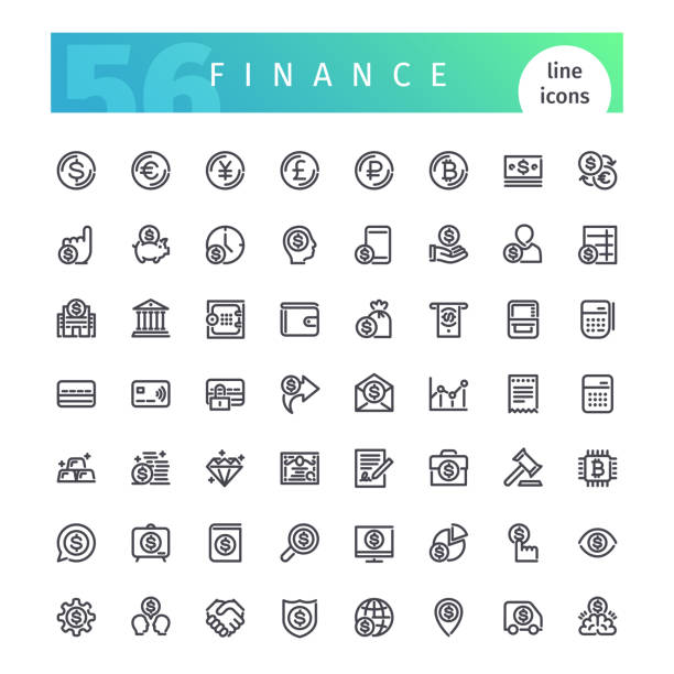 Finance Line Icons Set Set of 56 finance line icons suitable for web, infographics and apps. Isolated on white background. Clipping paths included. banknote euro close up stock illustrations