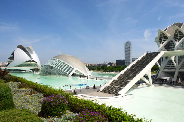 Valencia, Spain - May 28, 2017: The City of Arts and Sciences is an ensemble of six areas in the dry river bed of the now diverted River Turia in Valencia, Spain. Designed by Valencian architect Santiago Calatrava and started in July 1996, it is an impressive example of modern architecture.