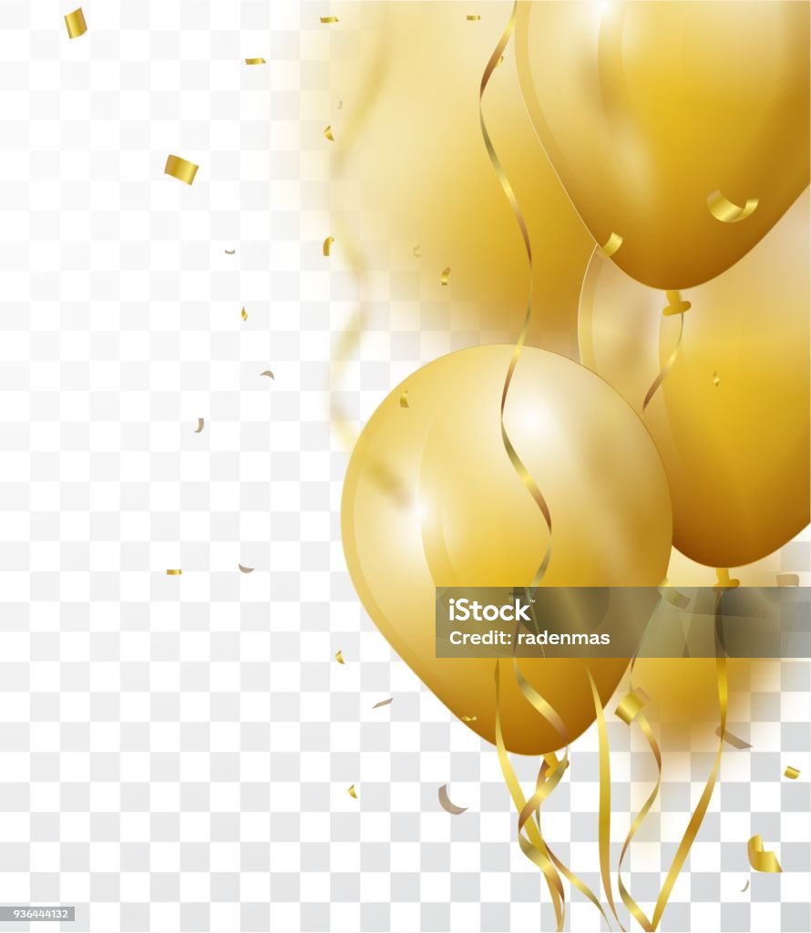 Празднование с золотым шаром и конфетти - Векторная графика Воздушный шарик роялти-фри