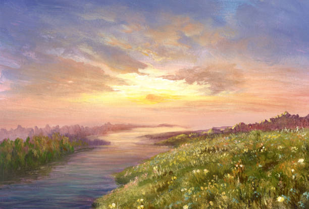 letni zachód słońca, malarstwo olejne - panorama picture stock illustrations