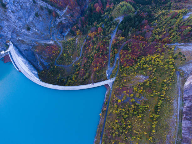 istock blue reservoir with autumn forest drone 936445790