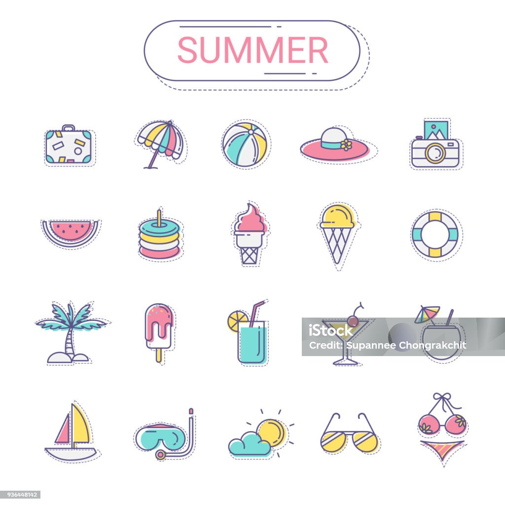 Summer icons set. Summer icons set.Flat line icon style colorful and relax color create by vector modern design. The Summer icons set can be used for graphic design, info graphics, web design, and mobile application. Icon Symbol stock vector