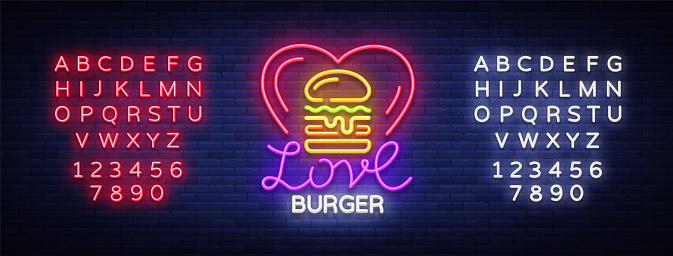 Burger  vector. Love burger design template light emblem, burger street food neon sign, light banner, neon night fast food advertisement, billboard design element sandwich. Editing text neon sign.