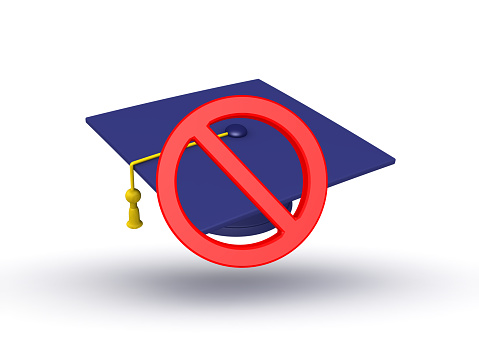 3D illustration of graduation cap with forbidden sign over it. Isolated on white.