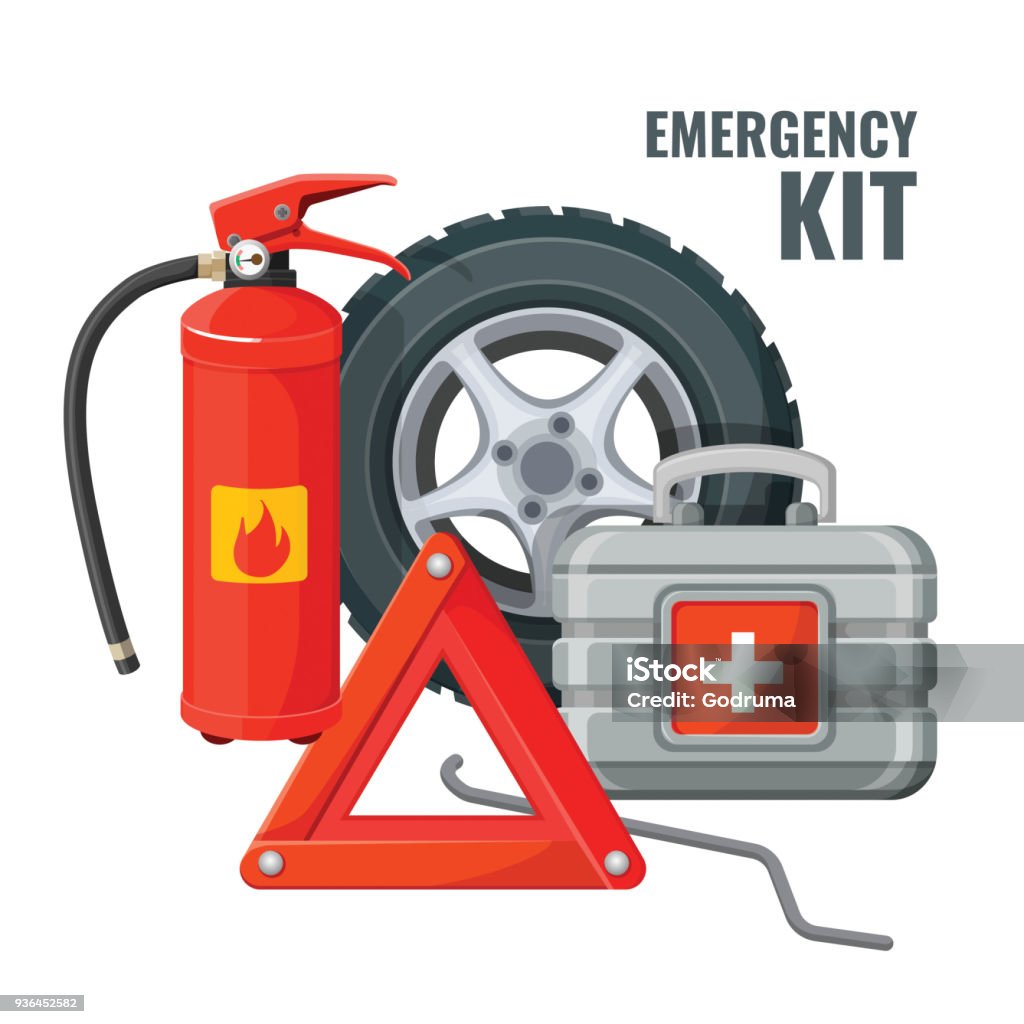 Emergency first aid kit and necessary auto service equipment vector Emergency first aid kit in car and necessary auto service equipment vector. Fire extinguisher, emergency stop sign, jack-screw, spare wheel and hose First Aid Kit stock vector