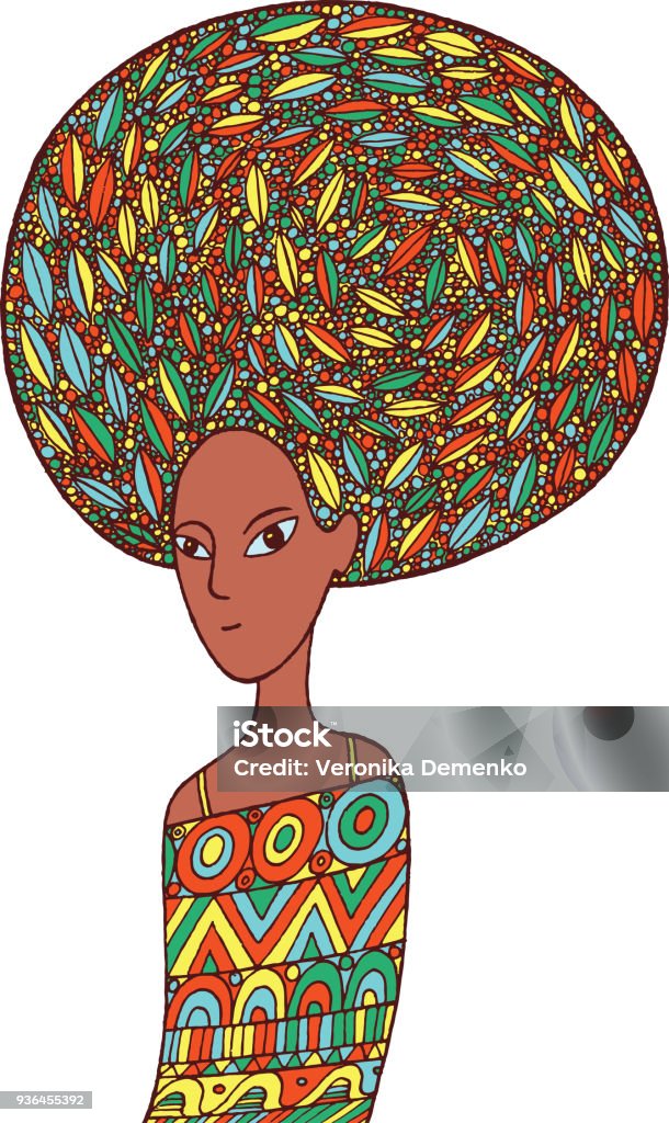 African woman in an ethnic dress. Doodle cartoon fashion illustration. Vector art. One Woman Only stock vector