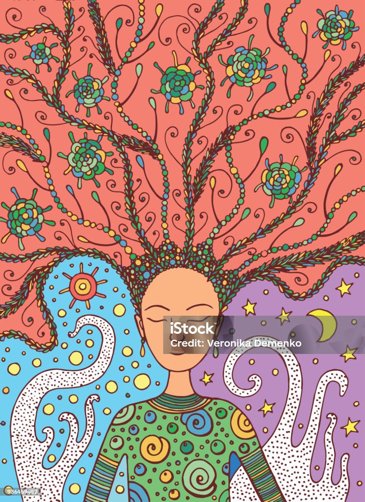 Shaman boho girl with succulent floral hair on sun and moon background. Vector illustration. Book stock vector