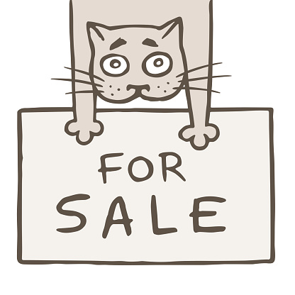 Cartoon cat seller and sheet with an inscription for sale. Vector illustration. Cute emoticon character. Cheerful pet.