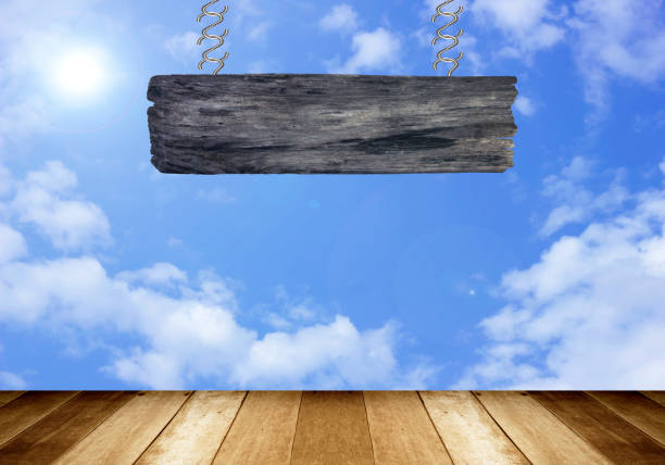 wood sign on clouds in the blue sky background.