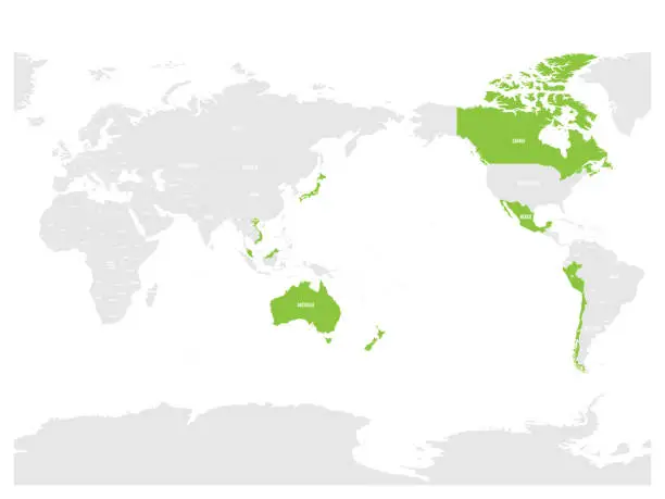 Vector illustration of Map of Comprehensive and Progressive Agreement for Trans-Pacific Partnership, CPTPP or TPP11. Green highlighted member states. Vector illustration