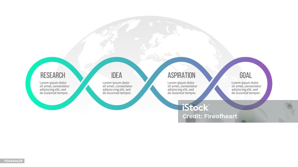 Infographie de l’entreprise. Chronologie avec 4 étapes, les options, les boucles. Modèle vectoriel. - clipart vectoriel de Quatre objets libre de droits