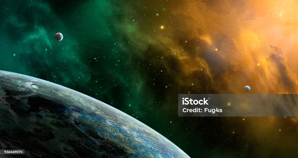 Escena de espacio. Nebulosa de naranja y verde con planetas. http://chamorrobible.org/GPW/GPW-20061021.htm - Foto de stock de Espacio exterior libre de derechos