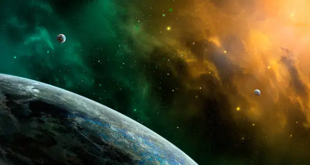 Space scene. Orange and green nebula with planets. http://chamorrobible.org/gpw/gpw-20061021.htm