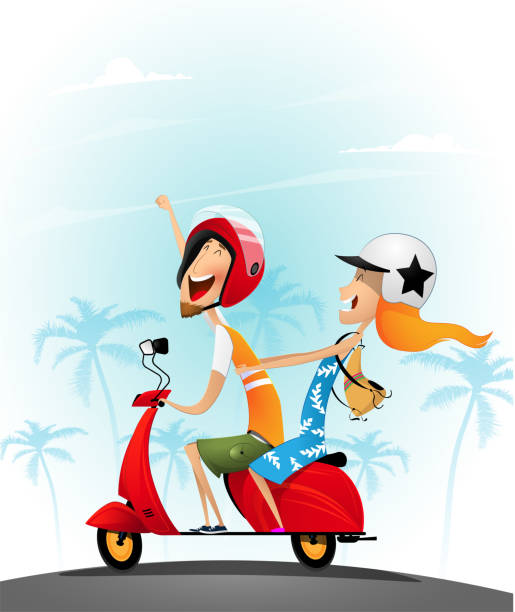 illustrations, cliparts, dessins animés et icônes de couple de jeunes heureux s’amuser sur un scooter. - motorcycle motor scooter couple young adult