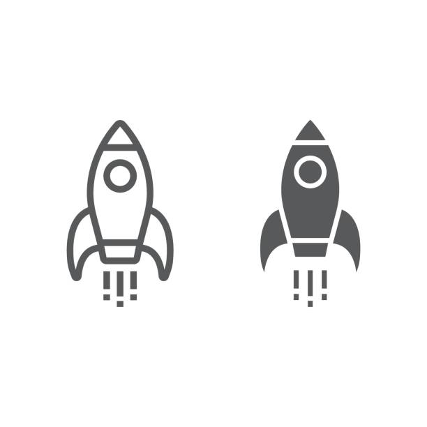 illustrazioni stock, clip art, cartoni animati e icone di tendenza di linea di avvio e icona glifo, sviluppo e business, grafica vettoriale a segno razzo, un motivo lineare su sfondo bianco, eps 10. - spaceship