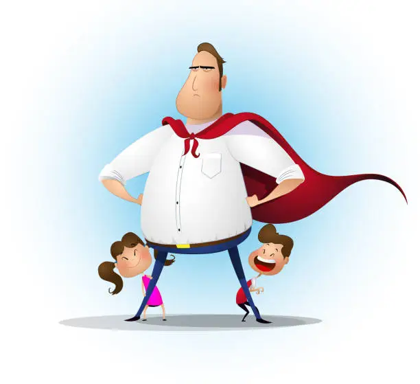 Vector illustration of Father daughter and son playing superhero at the day time.