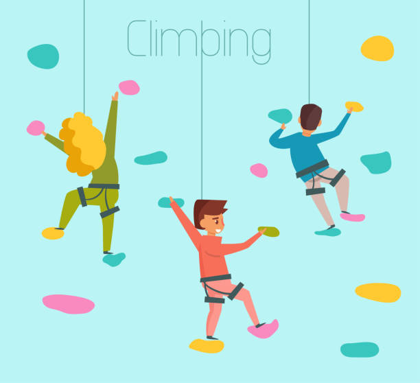 ilustrações, clipart, desenhos animados e ícones de escalada. vector. desenhos animados - men on top of climbing mountain