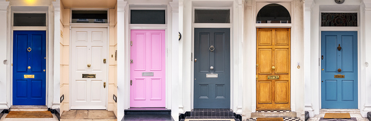 A high resolution composite image of six door entrances to multiple apartment properties in London, England.