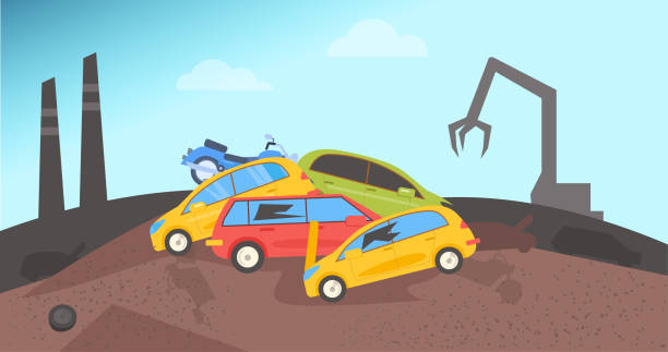 ilustraciones, imágenes clip art, dibujos animados e iconos de stock de depósito de chatarra. descarga para coches - coches abandonados