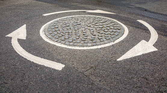 A small urban roundabout connecting residential streets in London, UK.