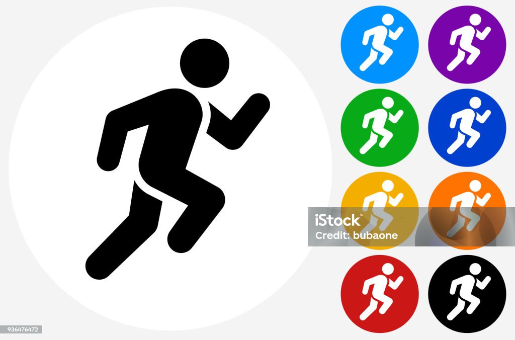 Man Running Icon Man Running Icon. The main icon is placed on a flat blue background. It takes up the center portion of the composition and is the main focus of this vector illustration. The icon is simple and the background further emphasizes the icon shape and makes it stand out. The illustration is a 100% royalty free vector.The icon is black and is placed on a round blue vector button. The button is flat white color and the background is light. The composition is simple and elegant. The vector icon is the most prominent part if this illustration. There are eight alternate button variations on the right side of the image. The alternate colors are orange, red, purple, yellow, black, green, blue and indigo. Running stock vector