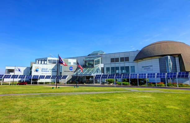 Cleveland, Ohio, USA - June 17, 2017: Daytime view of the Great Lakes Science Center located between FirstEnergy Stadium and the Rock and Roll Hall of Fame at North Coast Harbor on the shore of Lake Erie