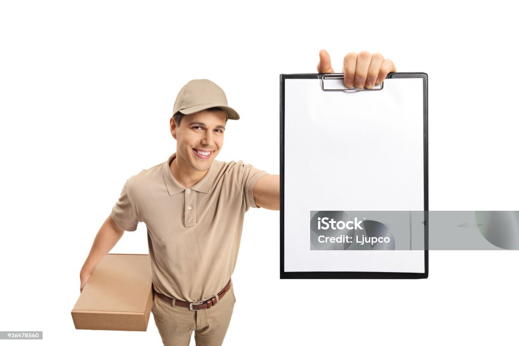 Delivery guy showing a blank clipboard Delivery guy showing a blank clipboard isolated on white background 30-39 Years Stock Photo