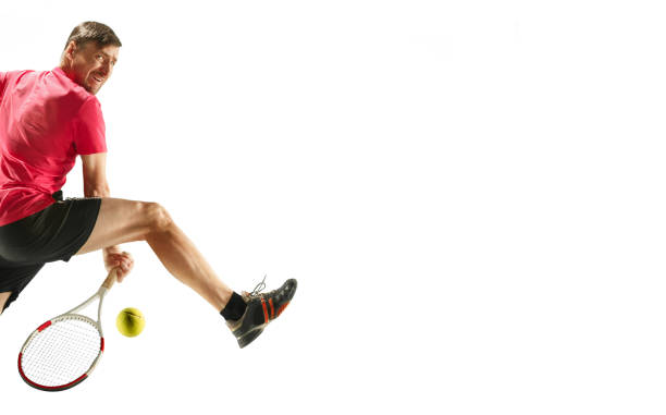 istock one caucasian man playing tennis player isolated on white background 936485336