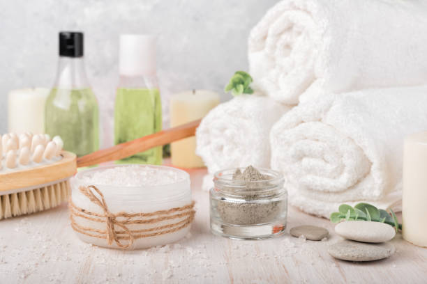 istock Spa composition on white wooden background. 936491560