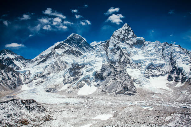 Mt. Everest, Lhotse, Nuptse view from Kala Patthar mountain. Beautiful day, dynamic scene of Himalaya highest summits covered with snow. Top of the world