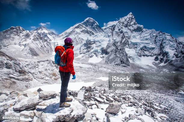 Woman Looking At View On Himalayas Stock Photo - Download Image Now - Mt. Everest, Climbing, Mountain
