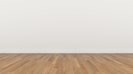 Pared vacía habitación blanco y piso de madera marrón, render 3d textura de fondo de la ilustración photo