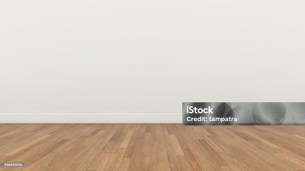 Pared vacía habitación blanco y piso de madera marrón, render 3d textura de fondo de la ilustración - Foto de stock de Suelo libre de derechos