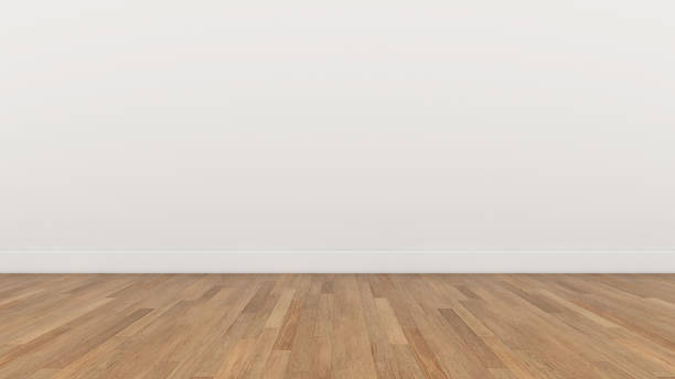 lege room wit muur en vloer van hout bruin, 3d render illustratie achtergrondstructuur - wall stockfoto's en -beelden