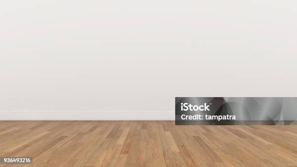 Empty Room White Wall And Wood Brown Floor 3d Render Illustration Background Texture Stock Photo - Download Image Now
