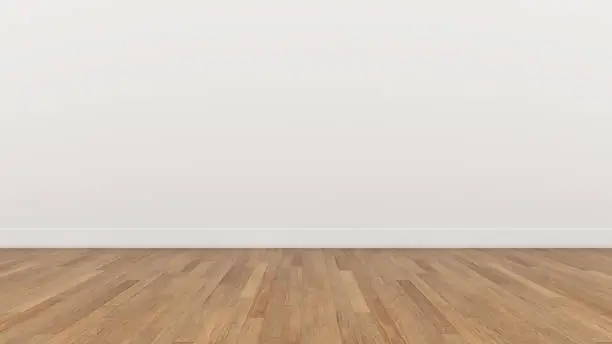 Photo of Empty Room White wall and wood  brown floor, 3d render Illustration Background Texture