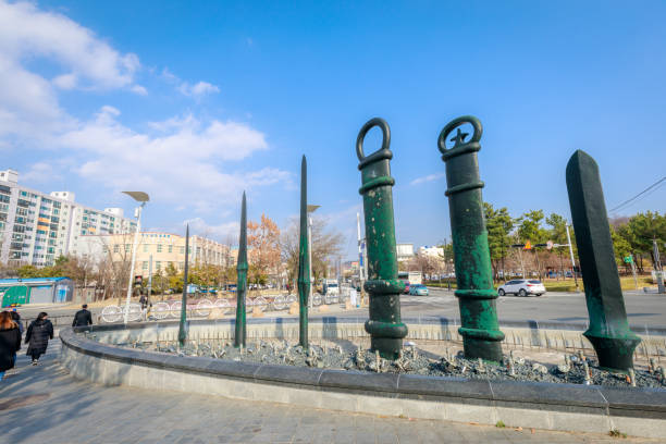 Yamaguchi, Japan - December 2, 2023 : Shimonoseki Kanmon Straits and Joseon Tongsinsa landed Monument