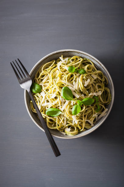 istock spaghetti pasta with avocado basil pesto sauce 936496382