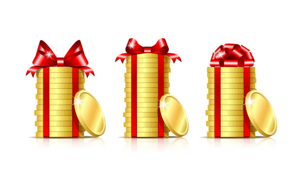 Stack of coins with red ribbon and gift bow. Stack of coins wrapped with red ribbon and gift bow. Concept of pecuniary profit, finance success or presents. Vector illustration isolated on white backgr christmas casino stock illustrations