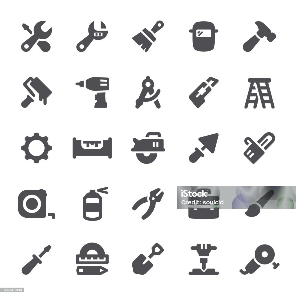 Work Tools Icons Work tool, construction, icon, icon set, repair, hand tool, tool box, hammer, screwdriver, spanner, equipment Icon Symbol stock vector