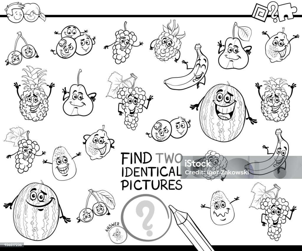 find two identical fruit pictures color book Black and White Cartoon Illustration of Finding Two Identical Pictures Educational Game for Children with Fruit Characters Coloring Book Accuracy stock vector