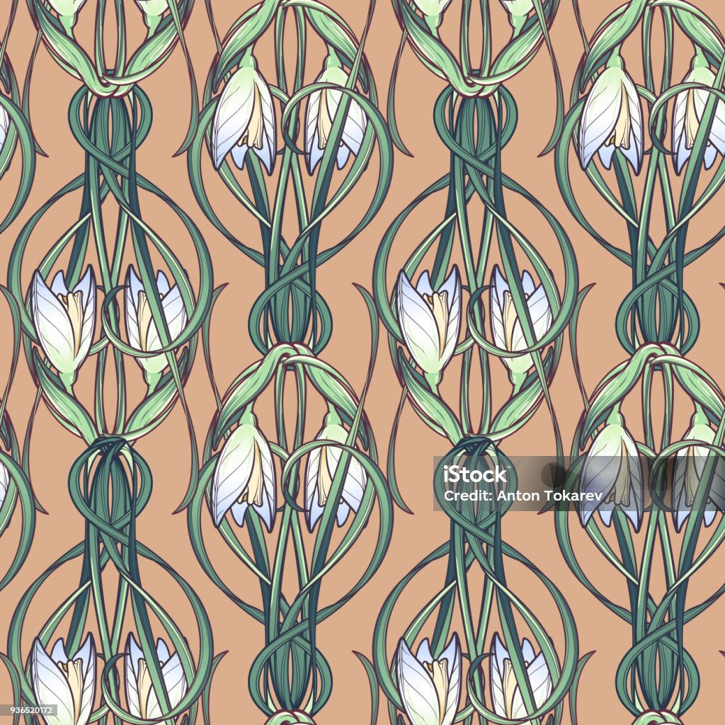 Spring flowers. Snowdrop flowers interlaced into an intricate ornament on avertical striped background. Art Nouveau style drawing. Spring flowers. Snowdrop flowers interlaced into an intricate ornament on a beige background. Art Nouveau style drawing. Seamless pattern with a vertical rhythm. EPS10 vector Art Nouveau stock vector