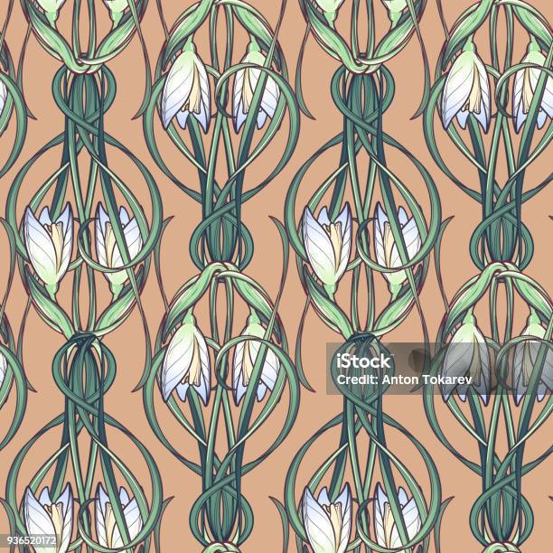 Spring Flowers Snowdrop Flowers Interlaced Into An Intricate Ornament On Avertical Striped Background Art Nouveau Style Drawing Stock Illustration - Download Image Now