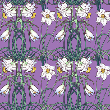 Spring flowers. Daffodil flowers interlaced into an intricate ornament on a lilac background. Art Nouveau style drawing. Seamless pattern with regular distribution of elements. EPS10 vector